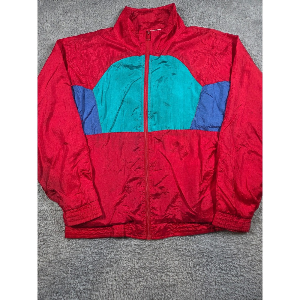 Longstreet Missy Windbreaker L Red Colorblock Vintage 90s Women Full Zip Jacket